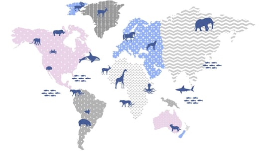 Kolorowa pastelowa mapa świata ze zwierzętami 100 dekochmurka