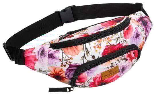 Kolorowa saszetka damska nerka crossbody kwiatowy wzór ROVICKY miejska wygodna pojemna kieszonki na suwak szeroki regulowany pasek Rovicky