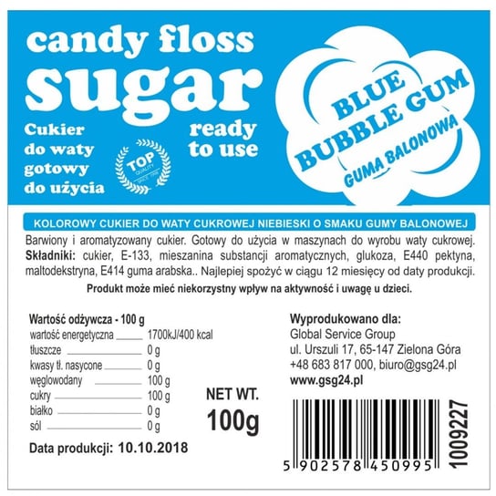 Kolorowy cukier do waty cukrowej niebieski o smaku gumy balonowej - saszetka 100g GSG24
