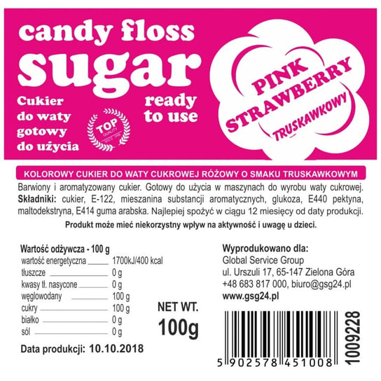 Kolorowy cukier do waty cukrowej różowy o smaku truskawkowym - saszetka 100g GSG24