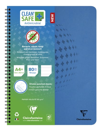Kołozeszyt Clairefontaine Clean Safe, Antybakteryjny, A4+, 60 kartek, Linia, Niebieski Clairefontaine