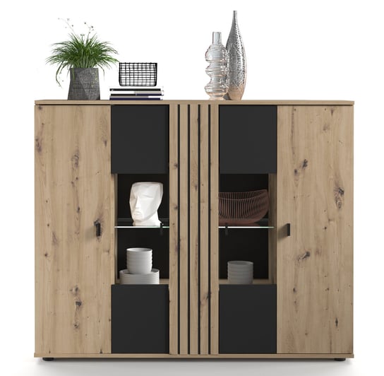 Komoda wysoka z przeszkleniami dąb Artisan/Czarny SOLEA 140x115x38 cm / Home Concept Home Concept