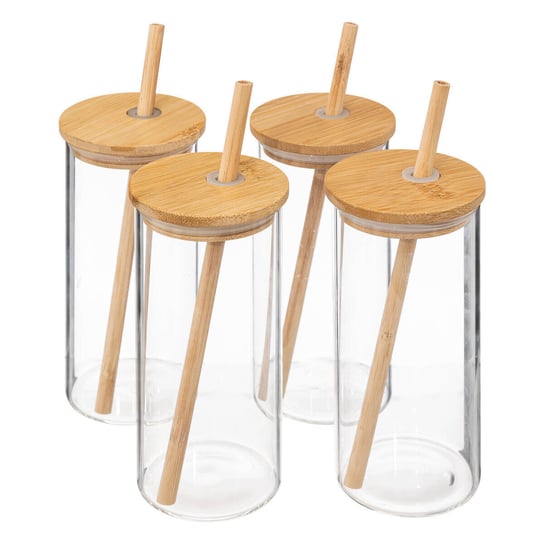 Komplet 4 szklanek z bambusową pokrywką i słomką Secret de Gourmet