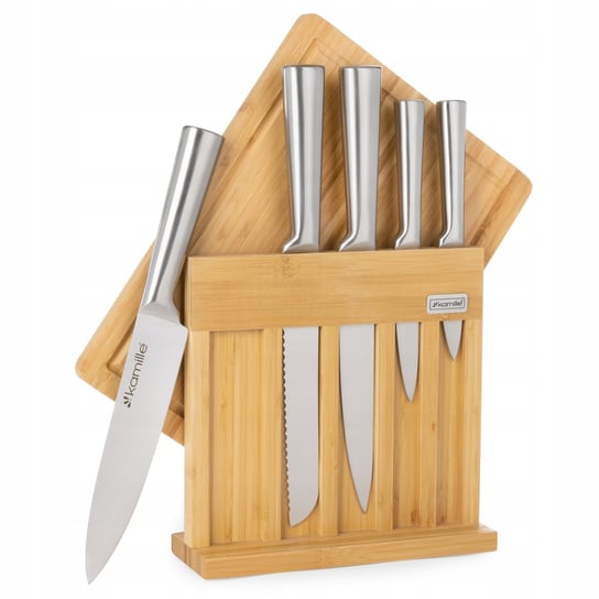 Komplet 5 Noży Kuchennych W Drewn Bloku + Deska KAMILLE