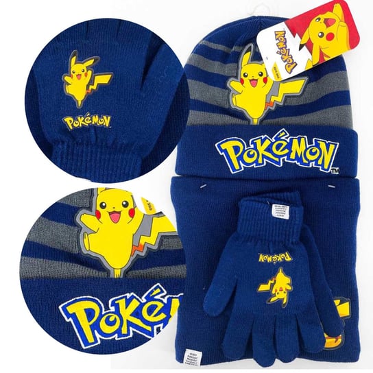 Komplet dziecięcy zimowy czapka szalik rękawiczki Pokemon granatowy CIEPŁY Setino