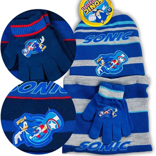 Komplet dziecięcy zimowy czapka szalik rękawiczki Sonic niebieski CIEPŁY Setino