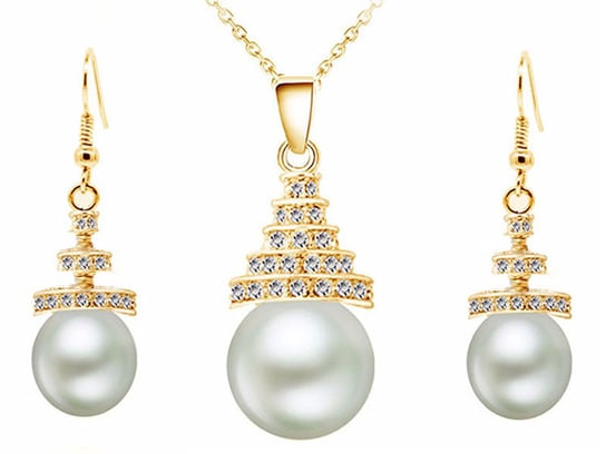Komplet eleganckiej biżuterii wiszące białe perły wyjątkowy wzór trójkąciki Lovrin