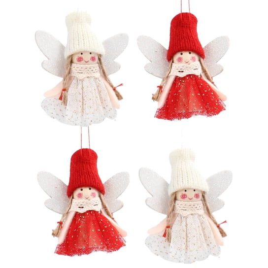 Komplet Ozdób Świątecznych Aniołki W Czapce Białe I Czerwone (4 Sztuki) Chomik