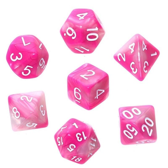 Komplet REBEL RPG - Dwukolorowe - Różowo-białe (białe cyfry) kości do gry Q-WORKSHOP Q-WORKSHOP