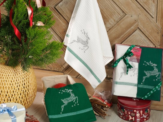 Komplet Ręczników 2 Cz. Świąteczny Biały Zielony Renifer Darymex