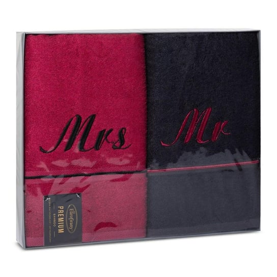 Komplet ręczników 2 szt Bambo Mrs&Mr 2x50/90 czerwony czarny zestaw upominkowy 500g/m2 Eurofirany Eurofirany