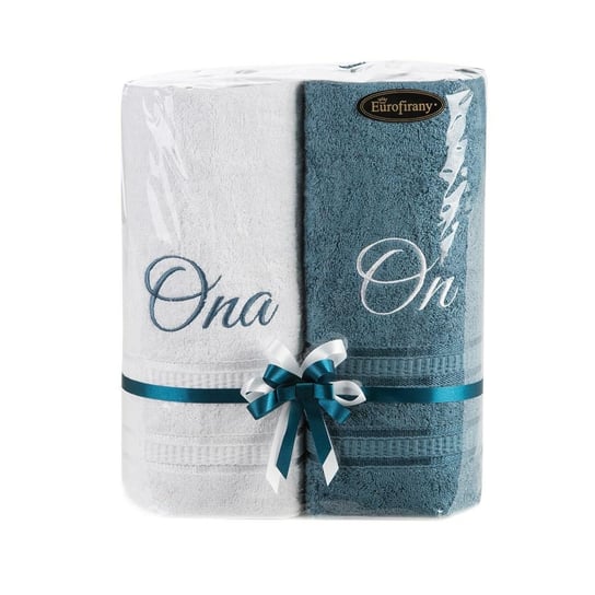 Komplet ręczników 2szt biały niebieski On Ona zestaw upominkowy na prezent Eurofirany