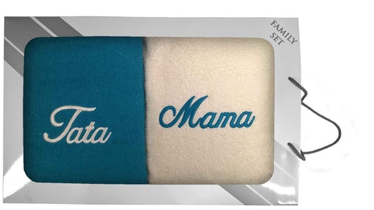 Komplet ręczników w pudełku 2 szt 50x100 Mama Tata kremowy turkusowy 22 Extrapościel