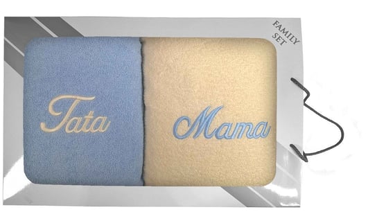 Komplet ręczników w pudełku 2 szt. 70x140 Mama Tata kremowy błękitny 05 Extrapościel