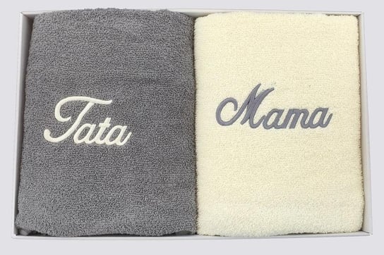 Komplet ręczników w pudełku 2 szt 70x140 Mama Tata kremowy szary jasny 06 Extrapościel