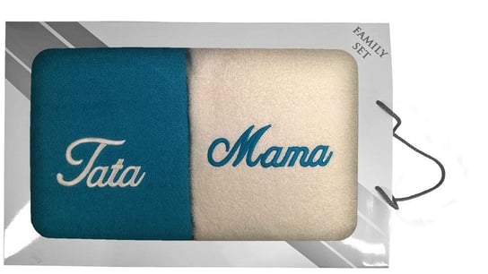 Komplet ręczników w pudełku 2 szt. 70x140 Mama Tata kremowy turkusowy 22 Extrapościel