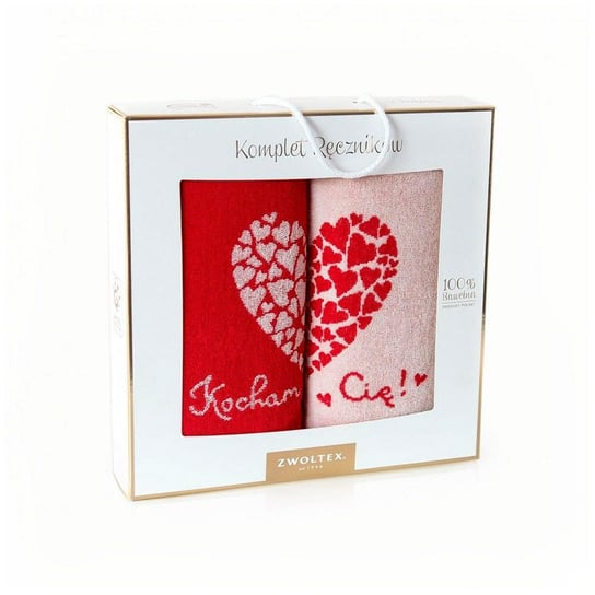 Komplet ręczników w pudełku 2 szt Walentynki zakochani Kocham Cię 70x130 czerwony kremowy na prezent Zwoltex