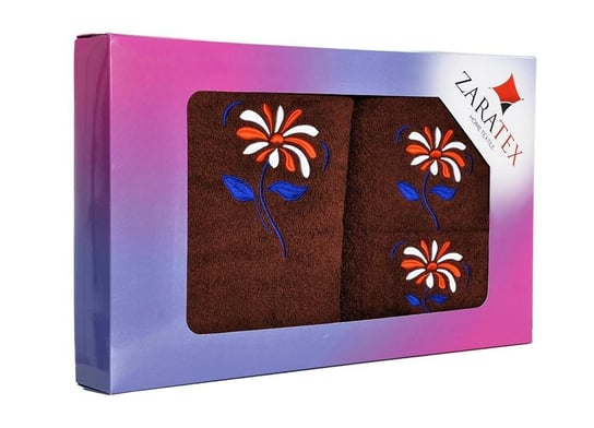 Komplet ręczników w pudełku 3 szt kwiaty Rumianek brązowy ciemny 30x50, 50x90, 70x140 400g/m2 ZARATEX
