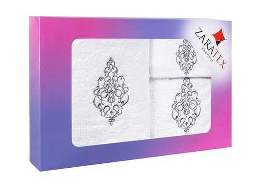 Komplet ręczników w pudełku 3 szt Ornament biały 30x50 50x90 70x140 400g/m2 ZARATEX