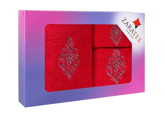 Komplet ręczników w pudełku 3 szt Ornament czerwony 30x50 50x90 70x140 400g/m2 ZARATEX