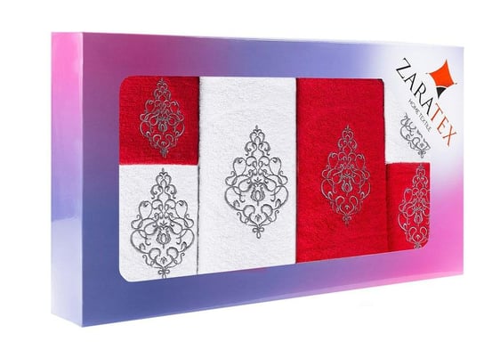 Komplet ręczników w pudełku 6 szt Ornament biały czerwony po 2szt. 30x50 50x90 70x140 400g/m2 ZARATEX