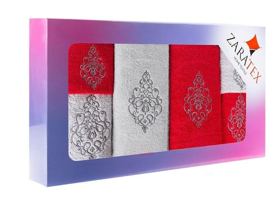 Komplet ręczników w pudełku 6 szt Ornament srebrny czerwony po 2szt. 30x50 50x90 70x140 400g/m2 ZARATEX