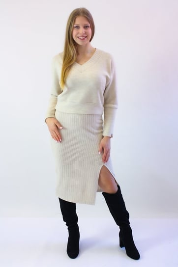 Komplet Spódnica z Rozcięciem + Sweter w Serek BEŻOWY L Nelino
