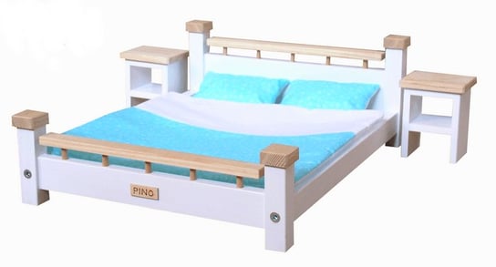 Komplet Sypialnia ASH drewniana podwójna dla Barbie i Kena : Łóżko + 2 szafki nocne + pościel , mebelki drewniane do domku dla lalek Model  ŁĄCZKA TURKUSOWA PINO