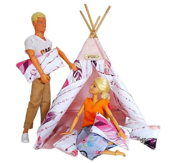 Komplet Tipi dla lalek Barbie  , wigwam , namiot z poduszkami 9 el. Piórka różowe PINO