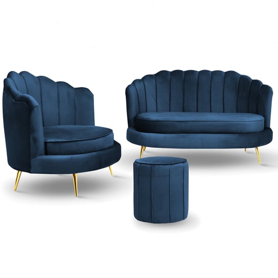 Komplet wypoczynkowy livia muszelka: sofa, fotel i pufa w kolorze granatowym POSTERGALERIA