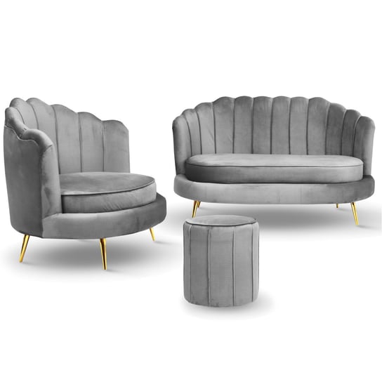Komplet wypoczynkowy livia muszelka: sofa, fotel i pufa w kolorze szarym POSTERGALERIA