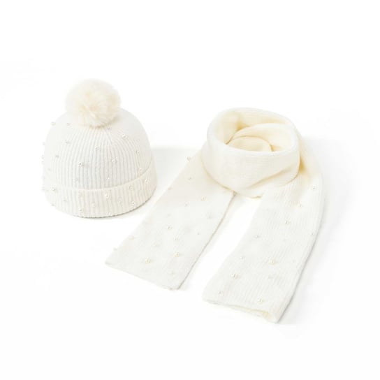 Komplet zimowy z perełkami czapka + szalik ecru be Snazzy