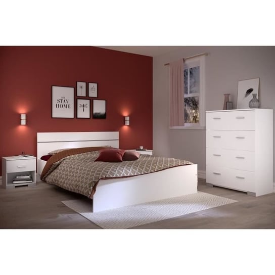 Kompletna sypialnia BOSTON: łóżko dla dorosłych 140x190 + komoda + 2 szafki nocne - Biały wystrój - Wyprodukowano we Francji Inna marka
