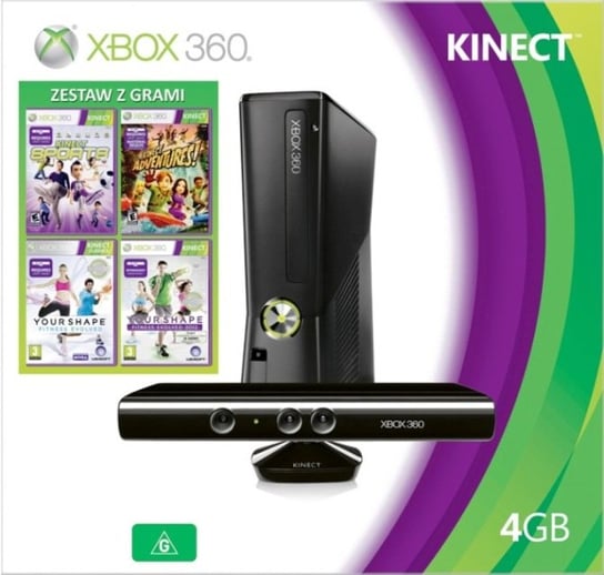 Konsola Microsoft Xbox 360 4GB + Kinect + 4 gry (Your Shape Fitness Evolved, Your Shape Fitness Evolved 2012, Kinect Sports, Kinect Adventures) Microsoft, Ubisoft
