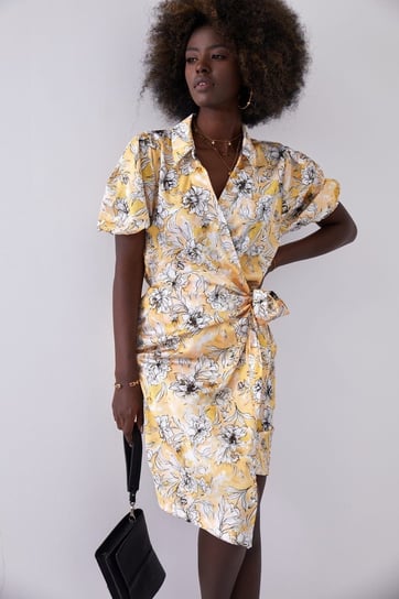 Kopertowa sukienka w kwiatowy print z kołnierzykiem żółta FG638 L Inna marka