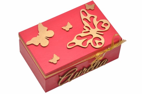 Koralowe pudełko z złotymi motylami. Zabawki Sensoryczne