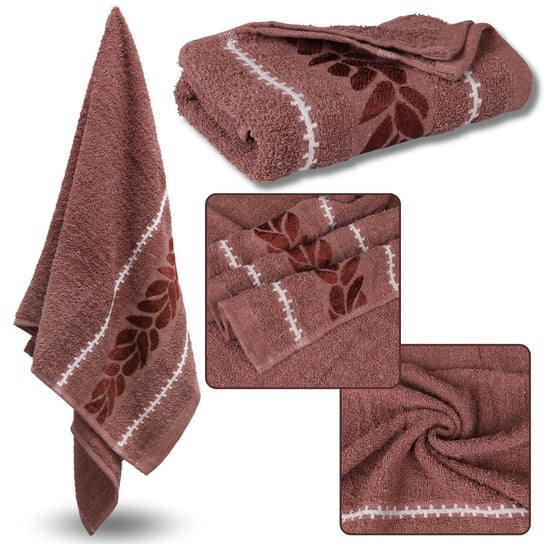 Koralowy ręcznik bawełniany z ozdobnym haftem, liście 48x100 cm x1 RED