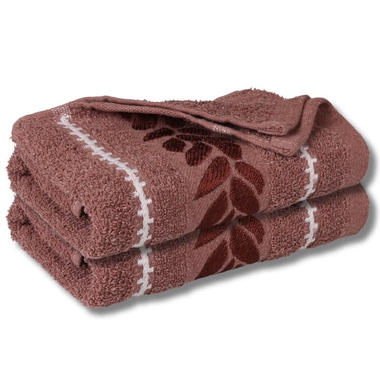 Koralowy ręcznik bawełniany z ozdobnym haftem, liście 48x100 cm x2 RED