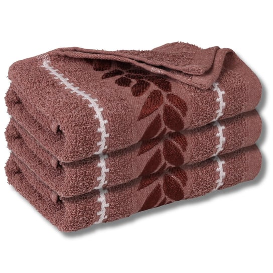 Koralowy ręcznik bawełniany z ozdobnym haftem, liście 48x100 cm x3 RED