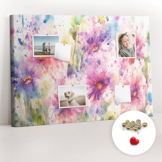 Korkowa Tablica 100x70 cm - Kwiaty malowane + Metaliczne Pinezki Coloray