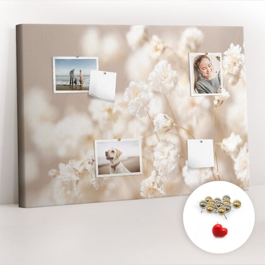 Korkowa Tablica 100x70 cm - Małe białe kwiaty + Metaliczne Pinezki Coloray