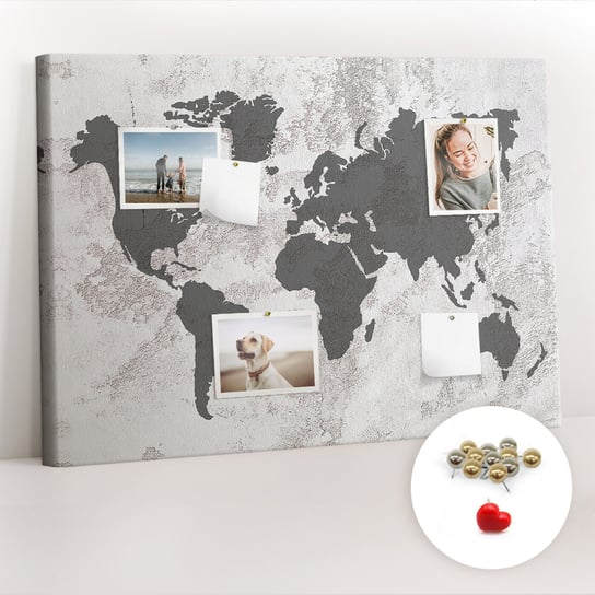 Korkowa Tablica 100x70 cm - Mapa świata beton + Metaliczne Pinezki Coloray