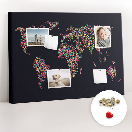 Korkowa Tablica 100x70 cm - Mapa świata z kropek + Metaliczne Pinezki Coloray