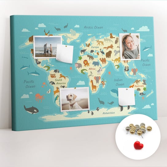 Korkowa Tablica 100x70 cm - Mapa świata zwierząt + Metaliczne Pinezki Coloray