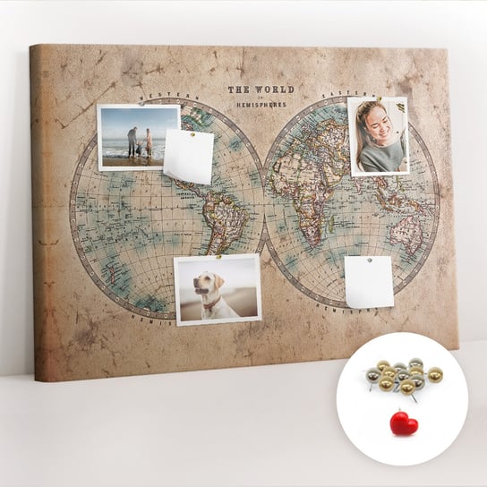 Korkowa Tablica 100x70 cm - Świat globus mapa + Metaliczne Pinezki Coloray