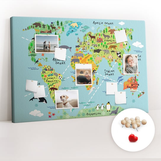 Korkowa Tablica XXL - Planer na Ścianę 120x80 cm - Mapa świata ze zwierzętami + Drewniane Pinezki Coloray