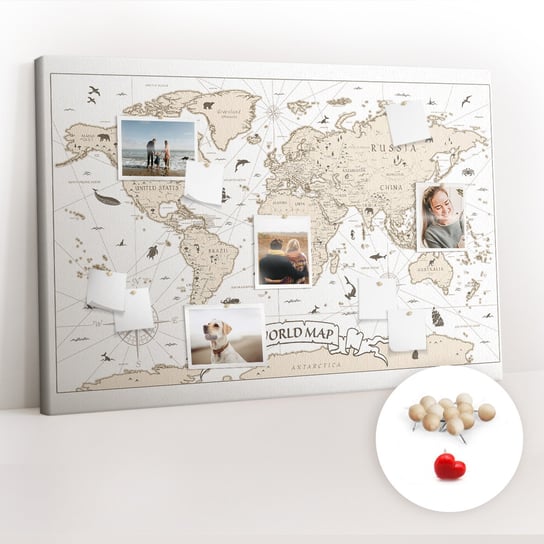 Korkowa Tablica XXL - Planer na Ścianę 120x80 cm - Vintage mapa świata + Drewniane Pinezki Coloray