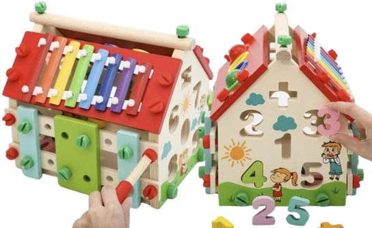 KOSTKA edukacyjna DOMEK zabawka sensoryczna dla niemowląt CYMBAŁKI SORTER PakaNiemowlaka