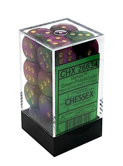 Kostki Chessex K6 16mmi gemini spot Green-Purple w/gold 12szt. + pudełko Chessex