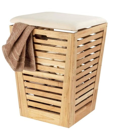 Kosz na pranie z siedziskiem z materiału imitującego len ACINA, drewno akacjowe, 55 litrów, kolor naturalny, Wenko Wenko